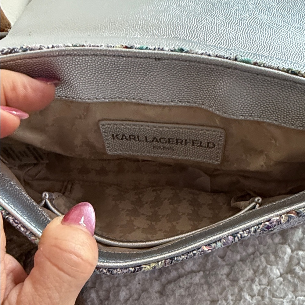 Karl Lagerfeld Quilted Tweed Crossbody Bag in Lavender, Mint & Silver - Picture 2 of 3
